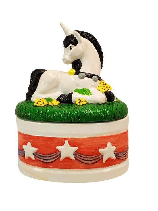Vintage Y2K Hand painted Ceramic Unicorn Small Trinket Jewelry Box Holder - Picture 1 of 15